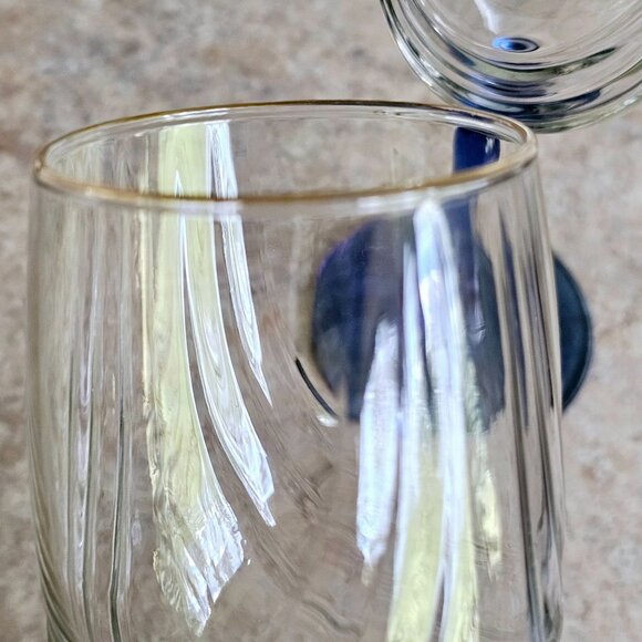 Libbey Crystal Blue Water Wine Glasses 8" Cobalt swag optic vintage gold trim - Picture 4 of 10